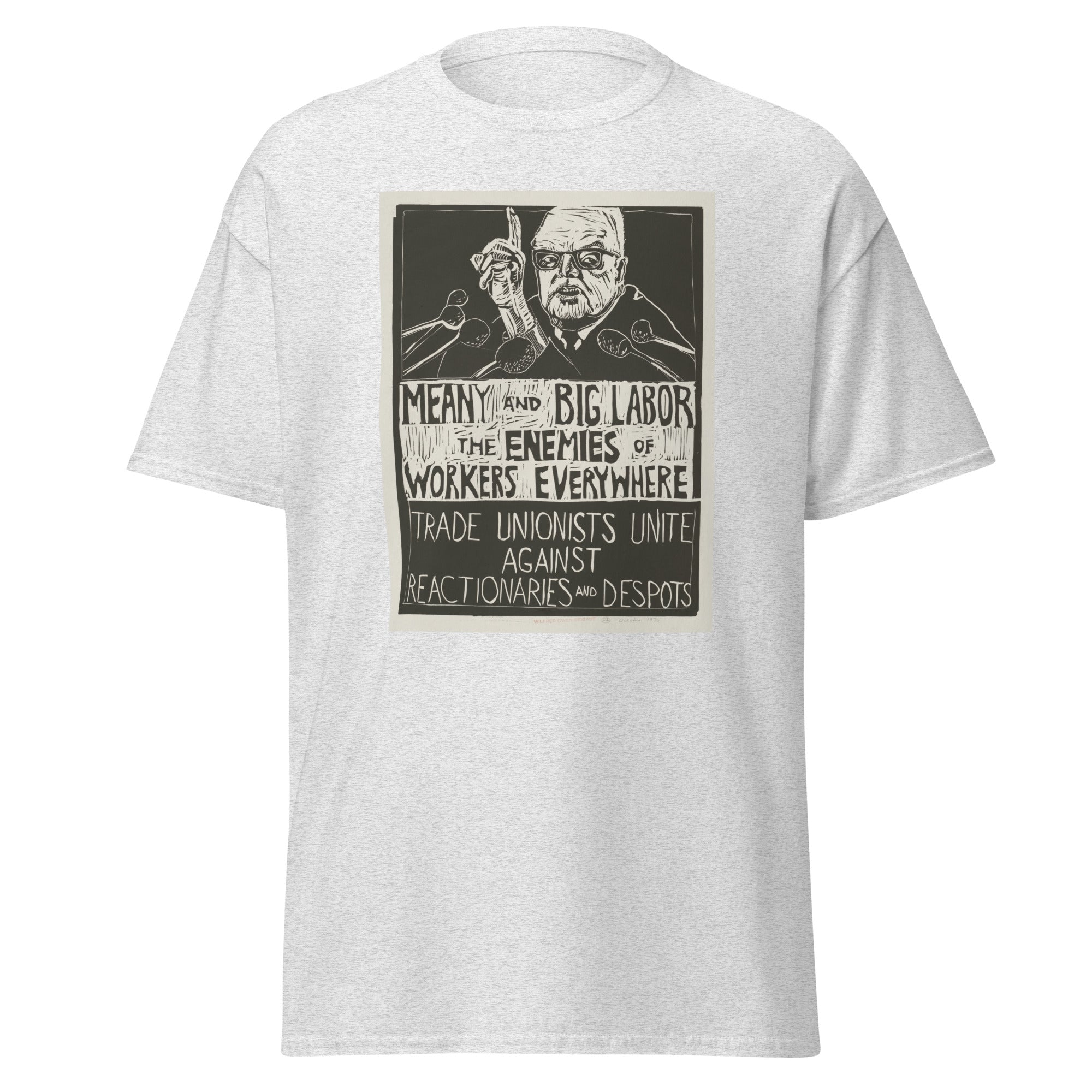 Unisex black t-shirt featuring vintage Trade Unionists Unite poster artwork printed across the front