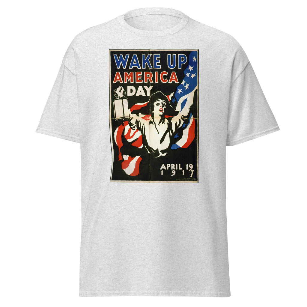 Unisex black t-shirt featuring vintage Wake Up America poster artwork printed across the front