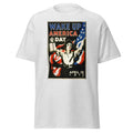 Unisex black t-shirt featuring vintage Wake Up America poster artwork printed across the front