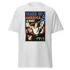 Unisex black t-shirt featuring vintage Wake Up America poster artwork printed across the front