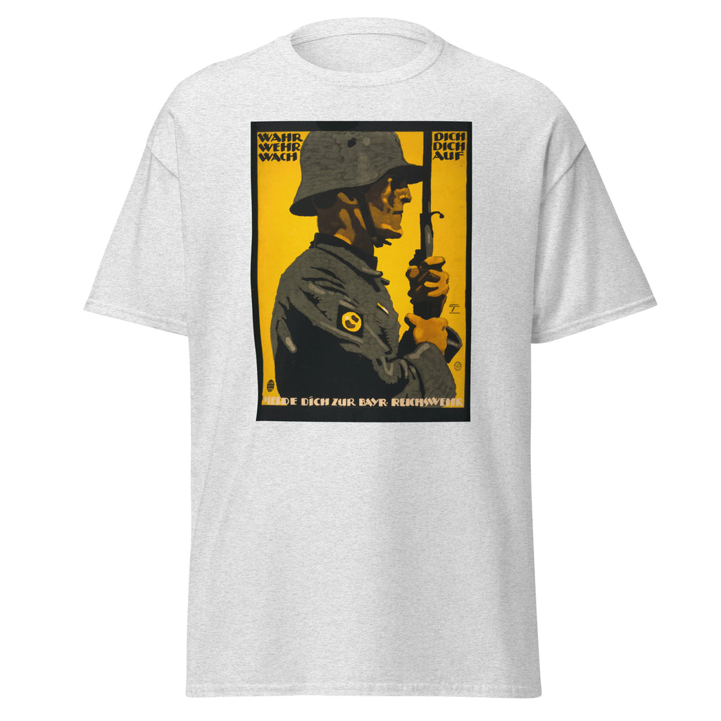 Unisex heather gray t-shirt featuring vintage German Military WWI poster artwork printed across the front