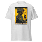 Unisex heather gray t-shirt featuring vintage German Military WWI poster artwork printed across the front