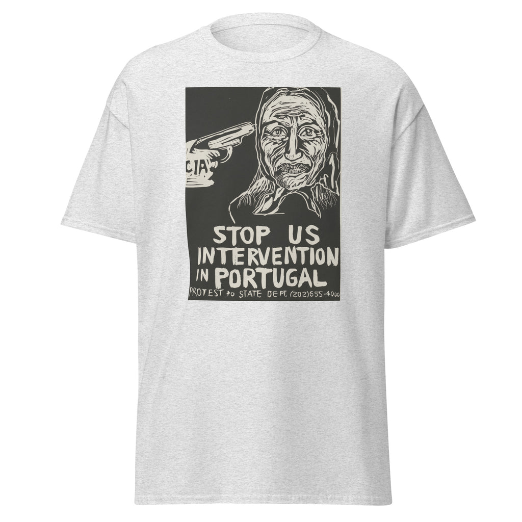Unisex black t-shirt featuring vintage CIA Portugal poster artwork printed across the front