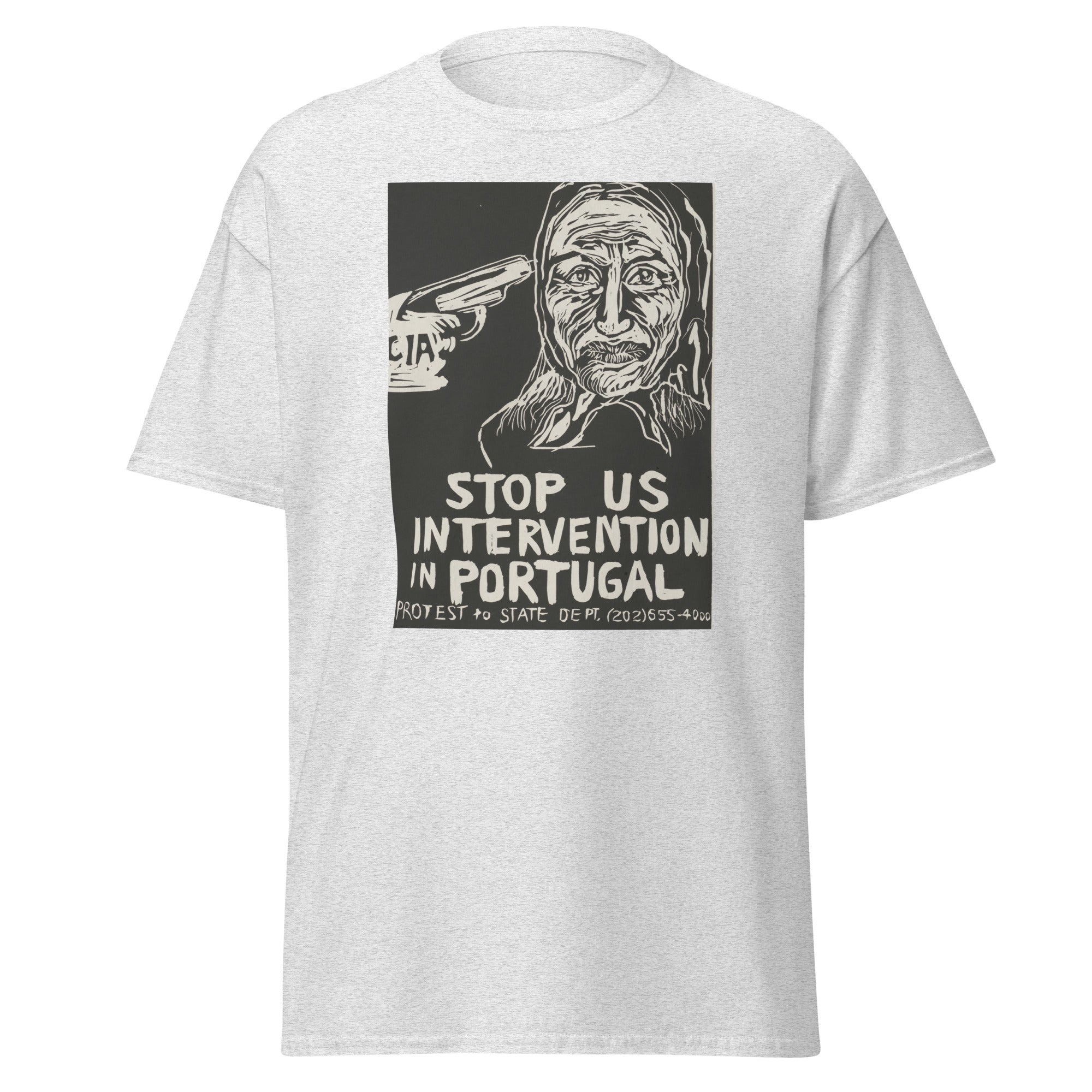 Unisex black t-shirt featuring vintage CIA Portugal poster artwork printed across the front