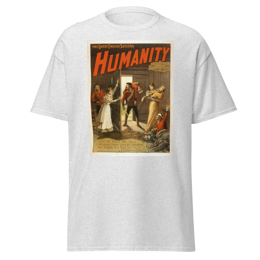Unisex heather gray t-shirt featuring vintage Humanity Vintage poster artwork printed across the front