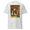 Unisex heather gray t-shirt featuring vintage Humanity Vintage poster artwork printed across the front