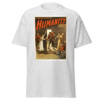 Unisex heather gray t-shirt featuring vintage Humanity Vintage poster artwork printed across the front