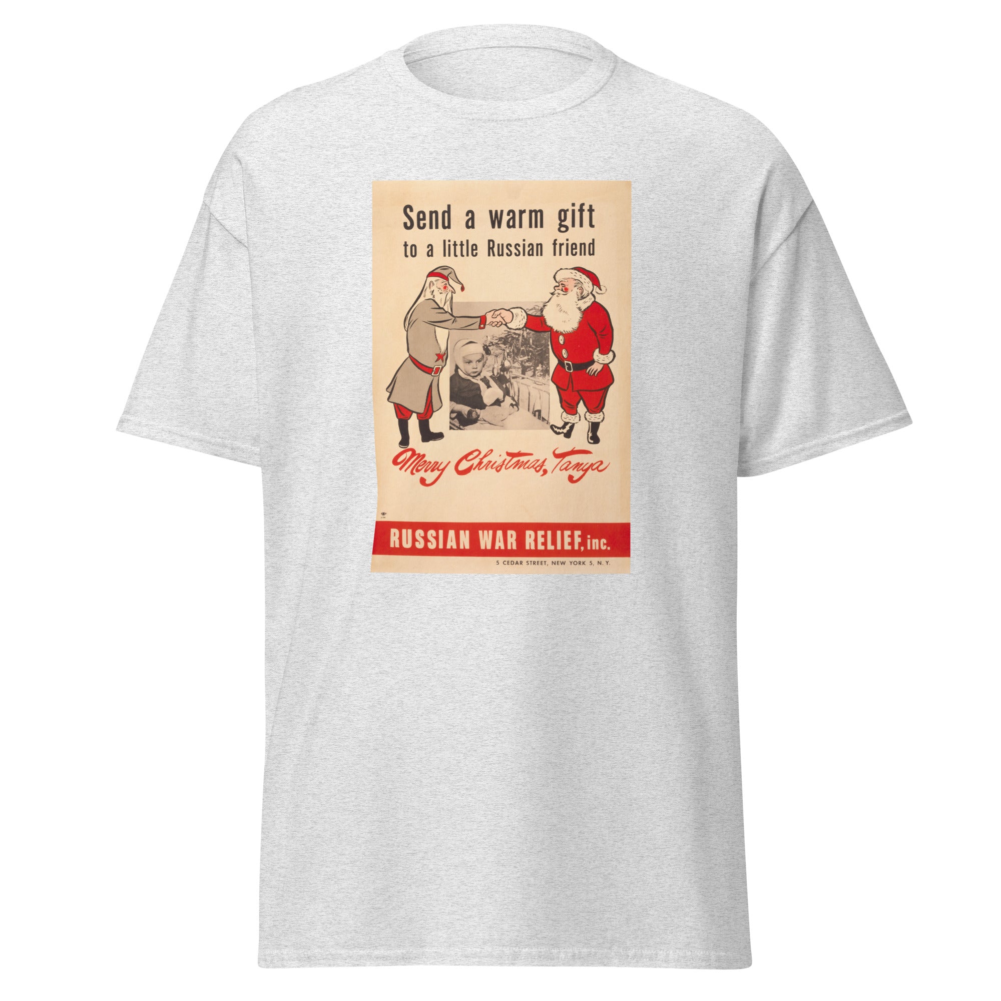 Unisex heather gray t-shirt featuring vintage Russian War Relief poster artwork printed across the front