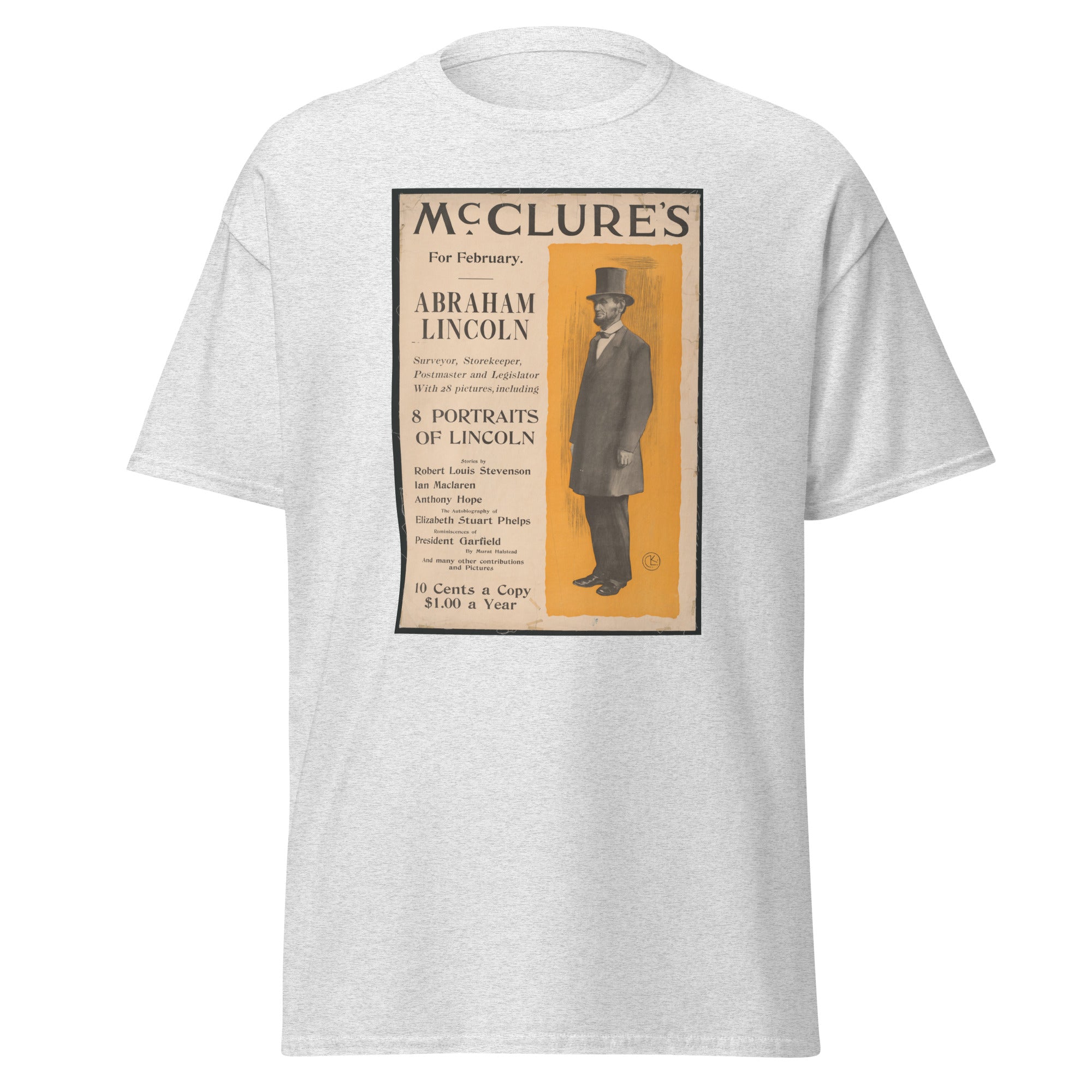 Unisex black t-shirt featuring vintage Mcclures Lincoln poster artwork printed across the front