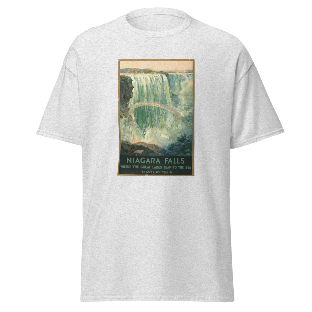 Unisex black t-shirt featuring vintage Niagara Falls Vintage poster artwork printed across the front