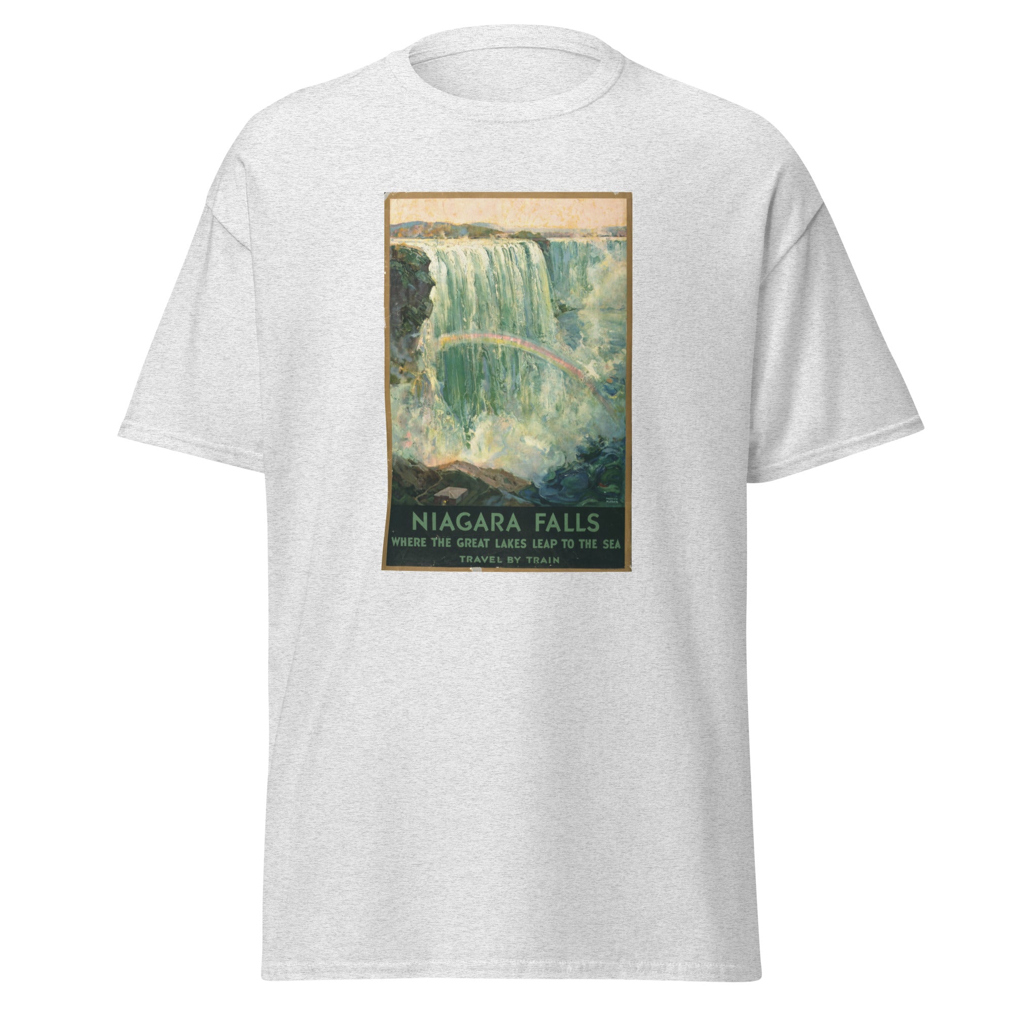 Unisex black t-shirt featuring vintage Niagara Falls Vintage poster artwork printed across the front