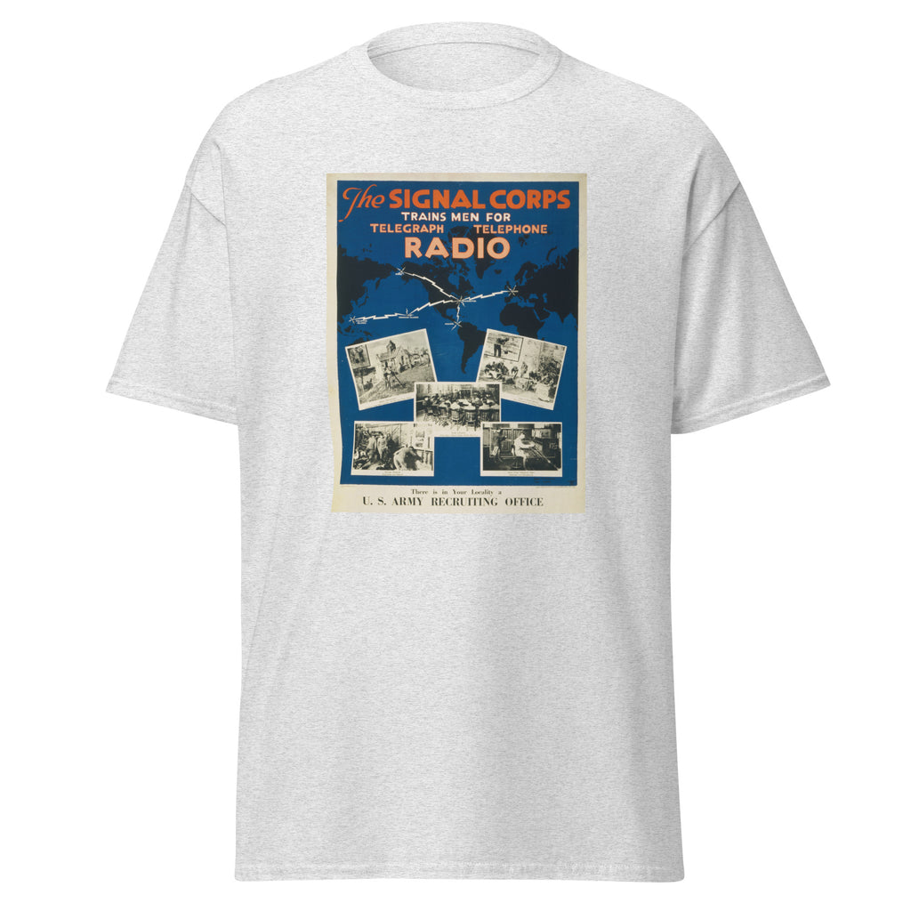 Unisex black t-shirt featuring vintage Signal Corps Recruiting poster artwork printed across the front