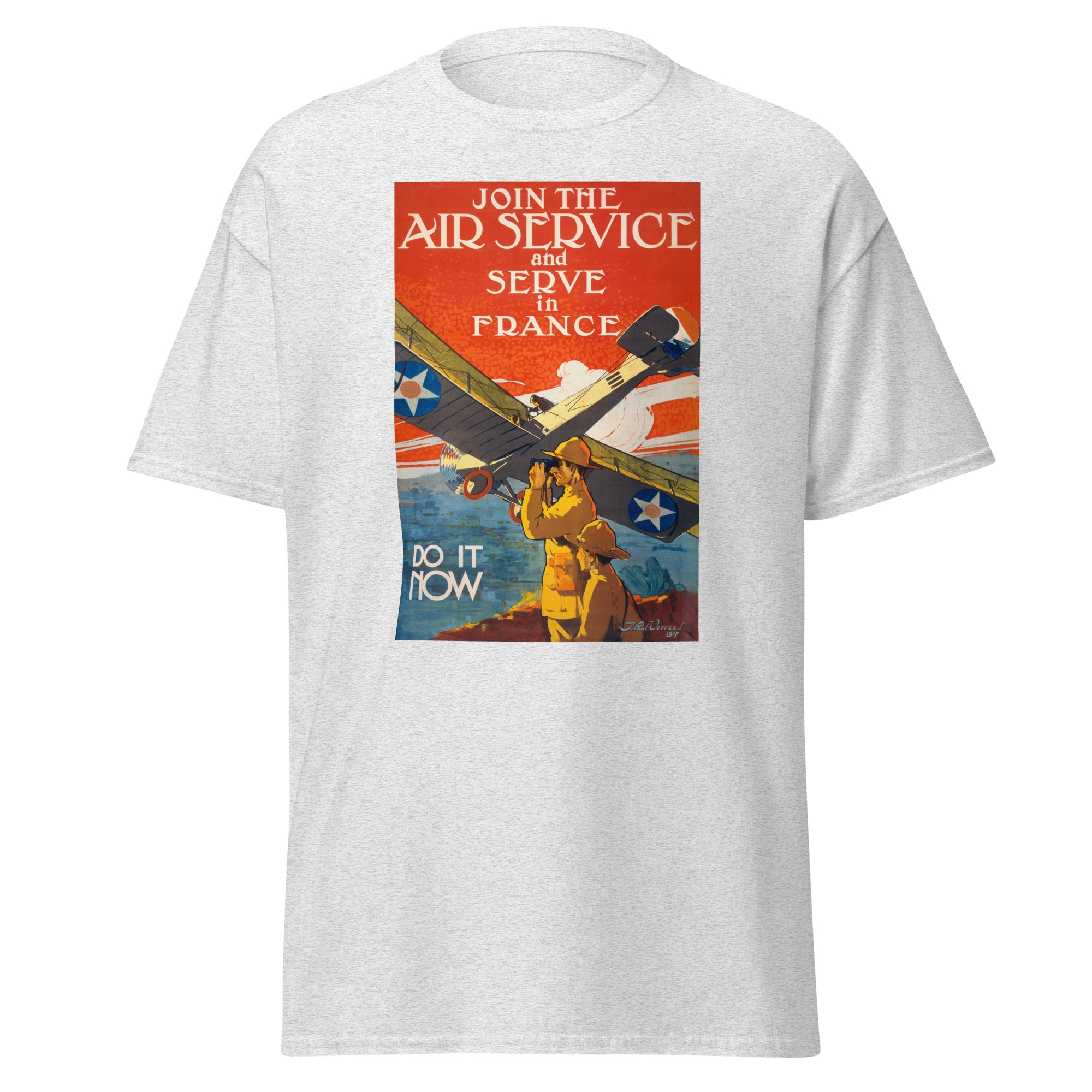 Unisex black t-shirt featuring vintage Air Service WWI poster artwork printed across the front