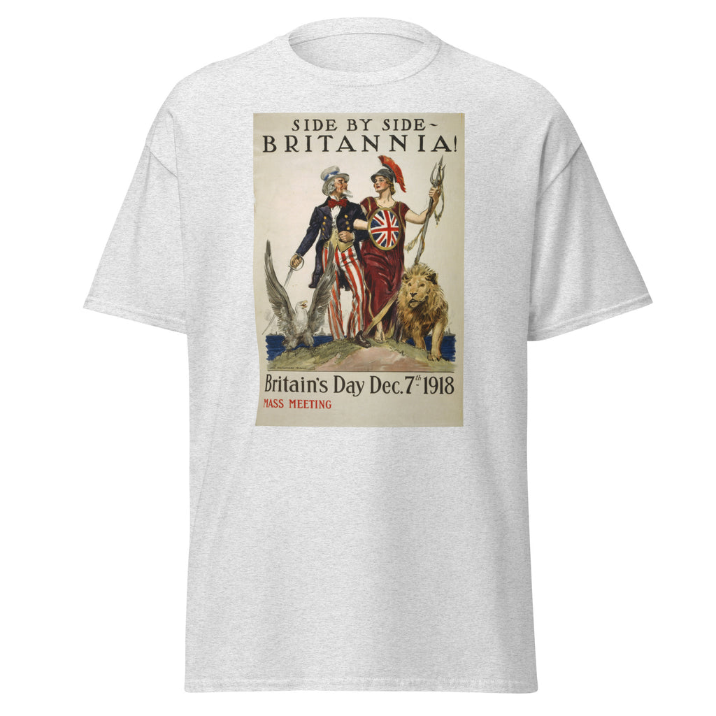 Unisex black t-shirt featuring vintage Britains Day poster artwork printed across the front