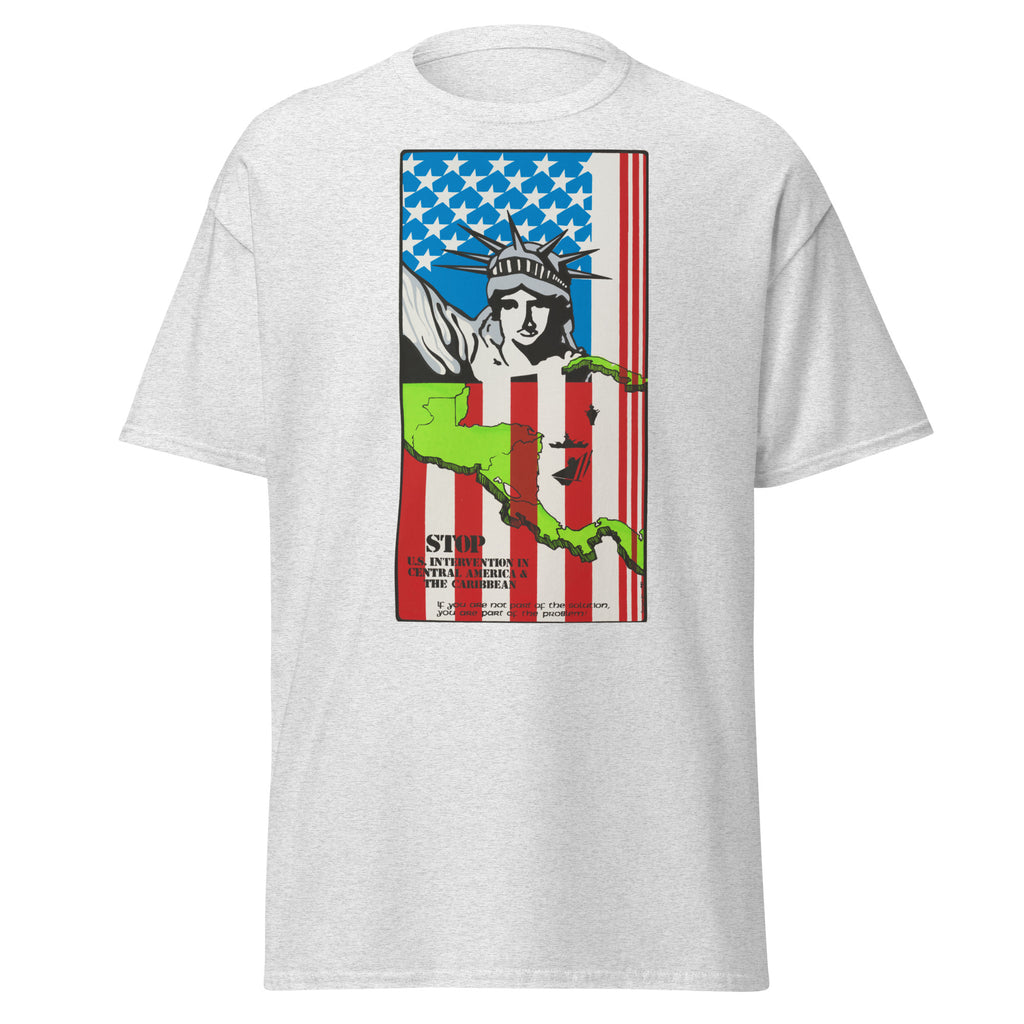 Unisex heather gray t-shirt featuring vintage US Intervention Vintage poster artwork printed across the front
