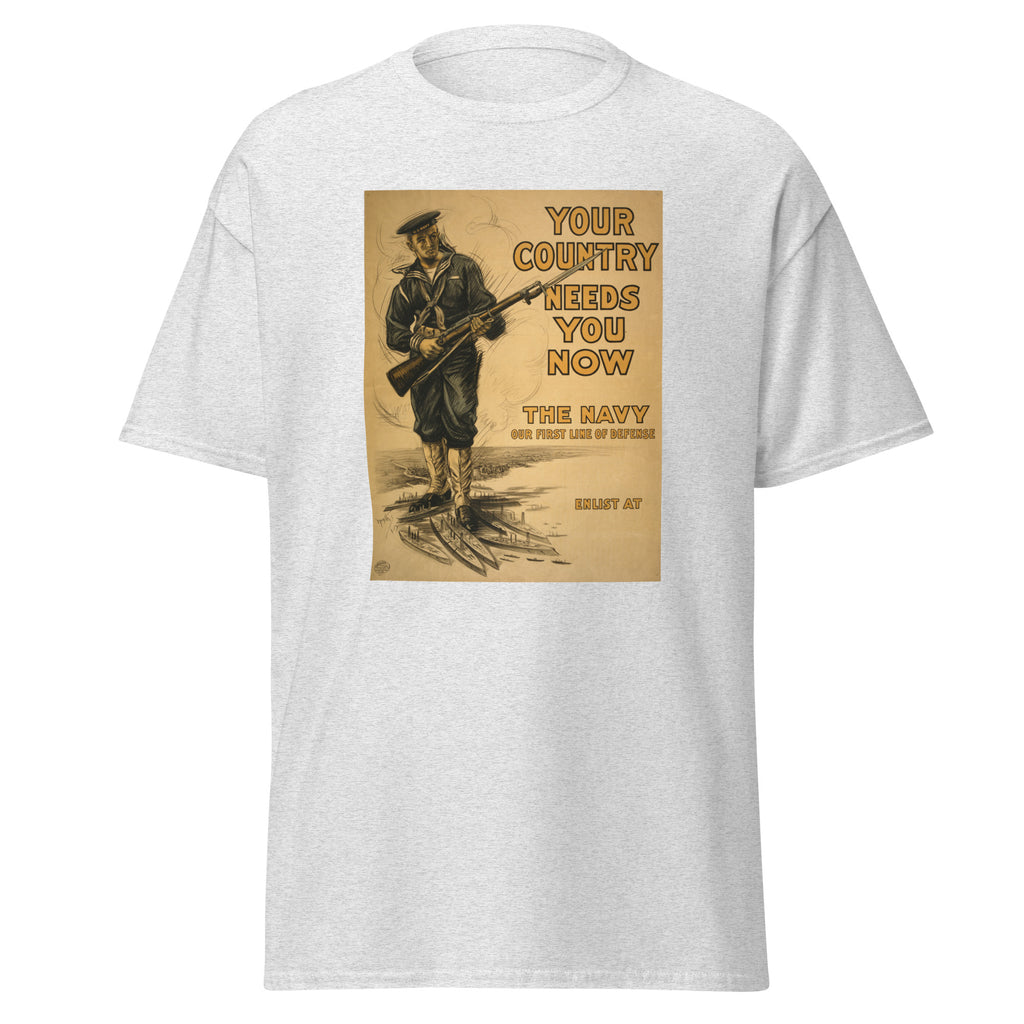Unisex black t-shirt featuring vintage Navy Recruitment WWI poster artwork printed across the front