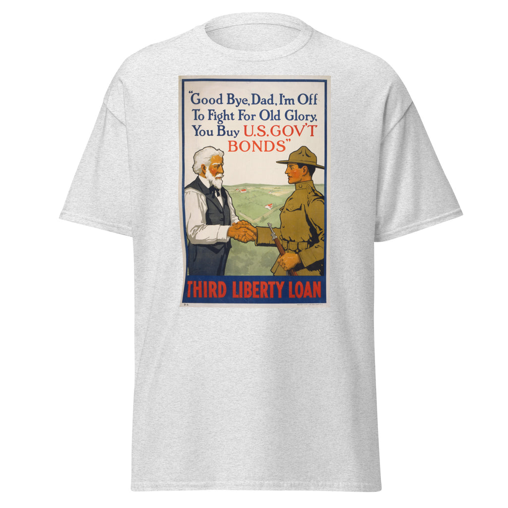 Unisex black t-shirt featuring Liberty Loan WWI quote typography printed across the front chest