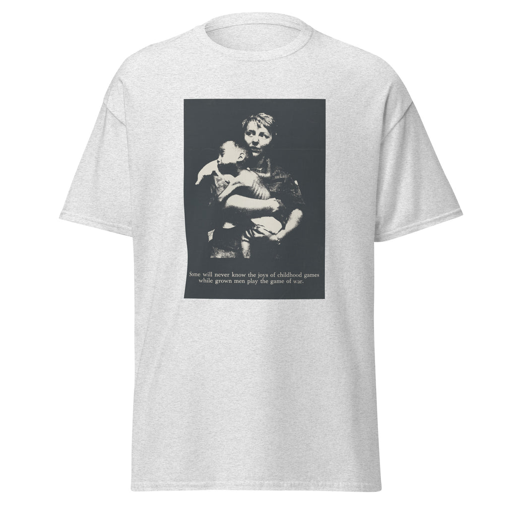 Unisex heather gray t-shirt featuring vintage Anti War Vintage poster artwork printed across the front