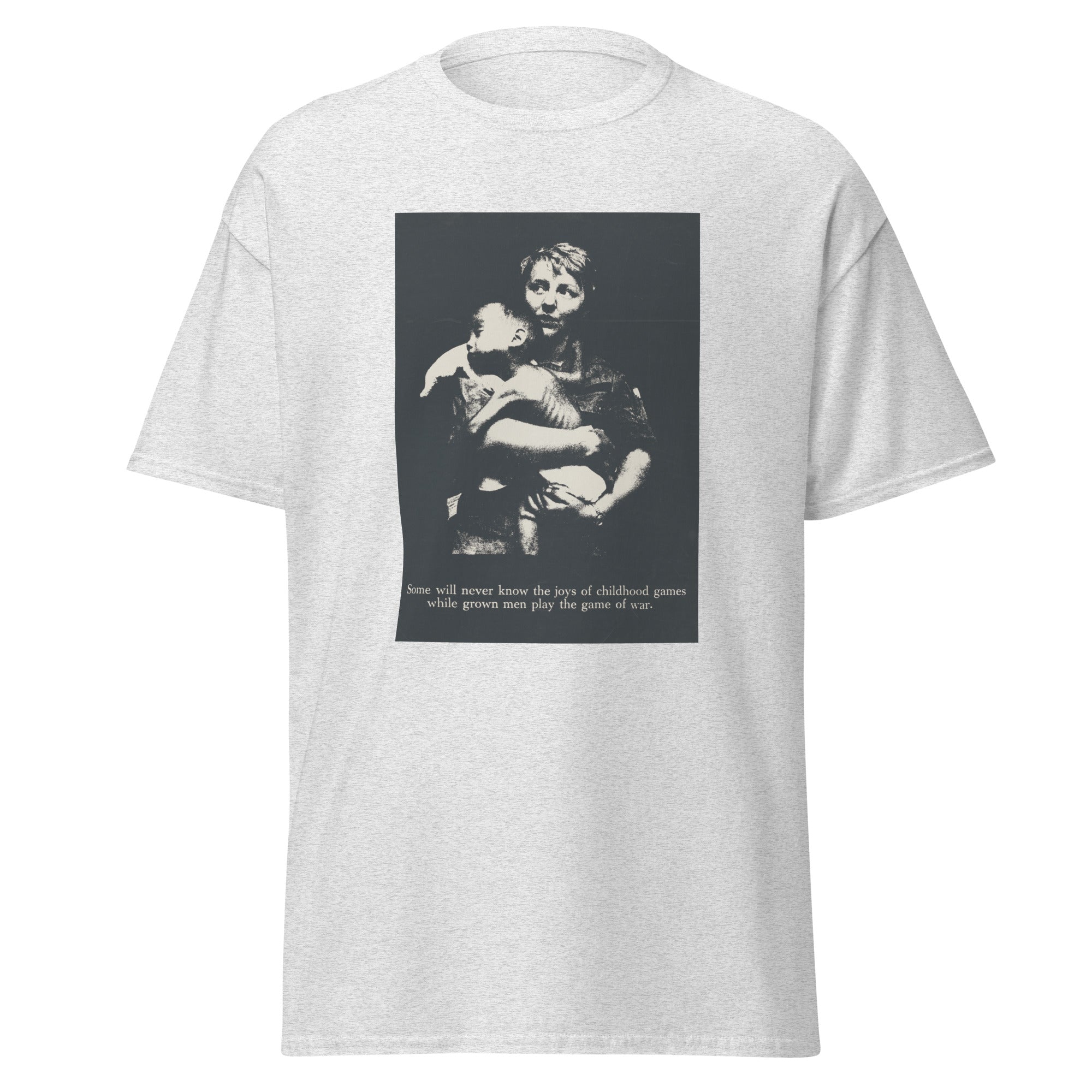 Unisex heather gray t-shirt featuring vintage Anti War Vintage poster artwork printed across the front