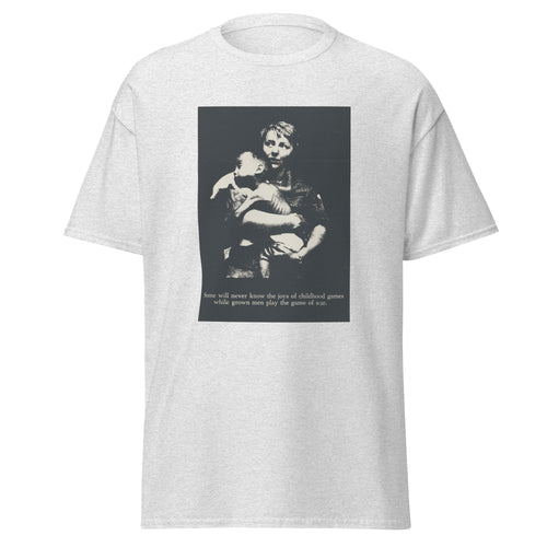 Unisex heather gray t-shirt featuring vintage Anti War Vintage poster artwork printed across the front