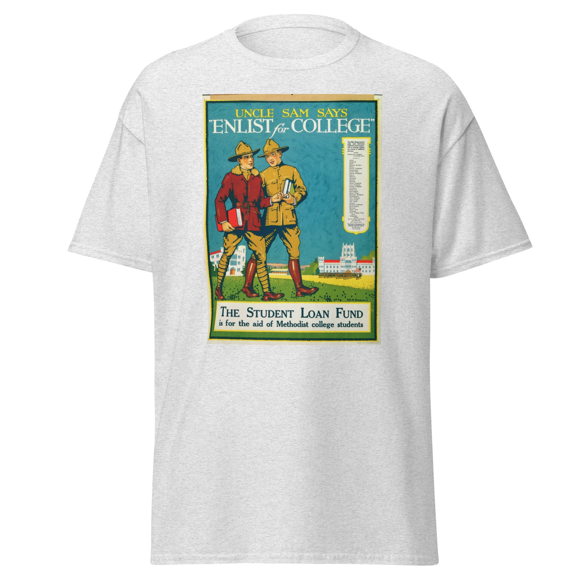 Unisex black t-shirt featuring vintage Enlist for College Vintage poster artwork printed across the front