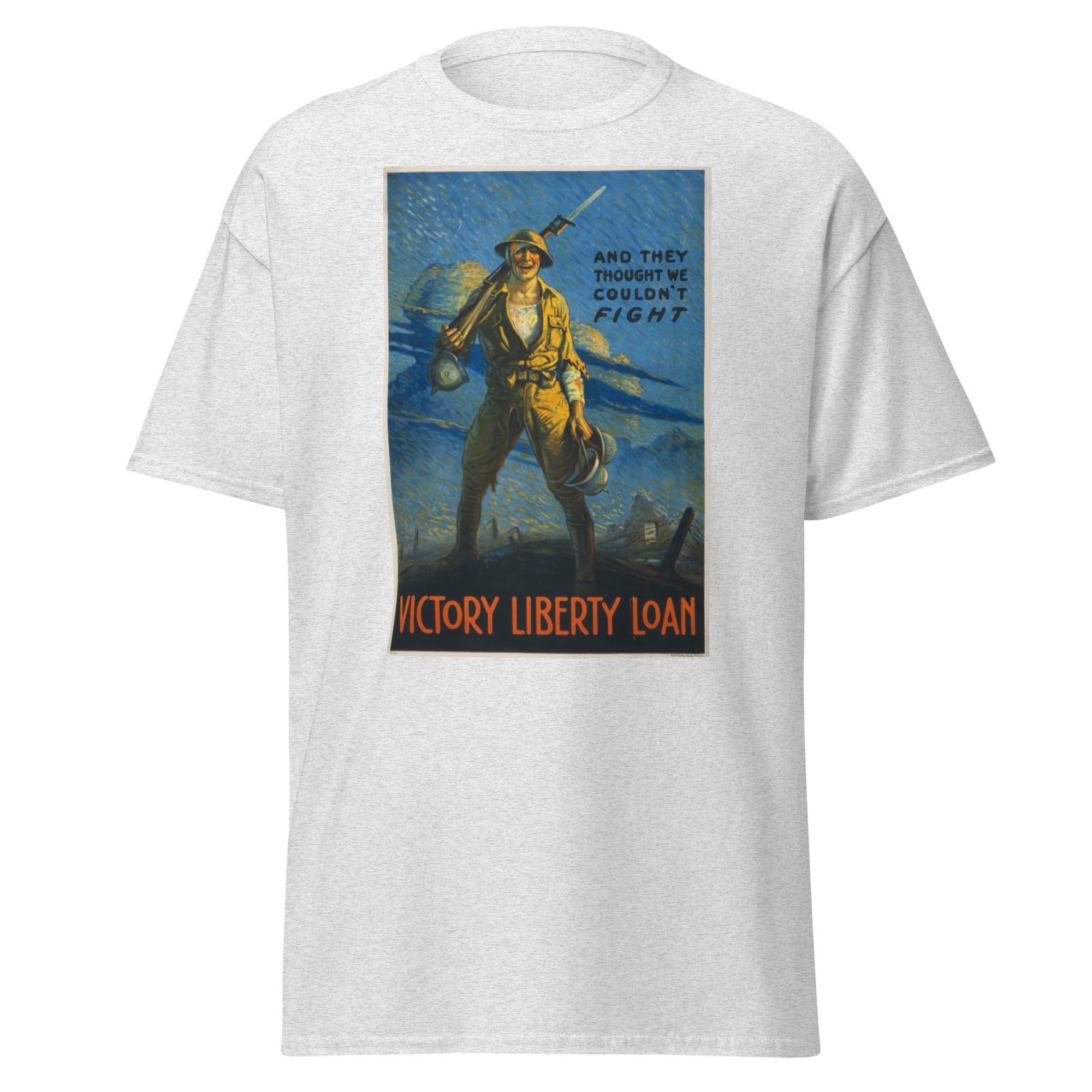 Unisex heather gray t-shirt featuring vintage Victory Liberty Loan poster artwork printed across the front