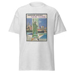 Unisex heather gray t-shirt featuring vintage American Airlines New York Vintage poster artwork printed across the front