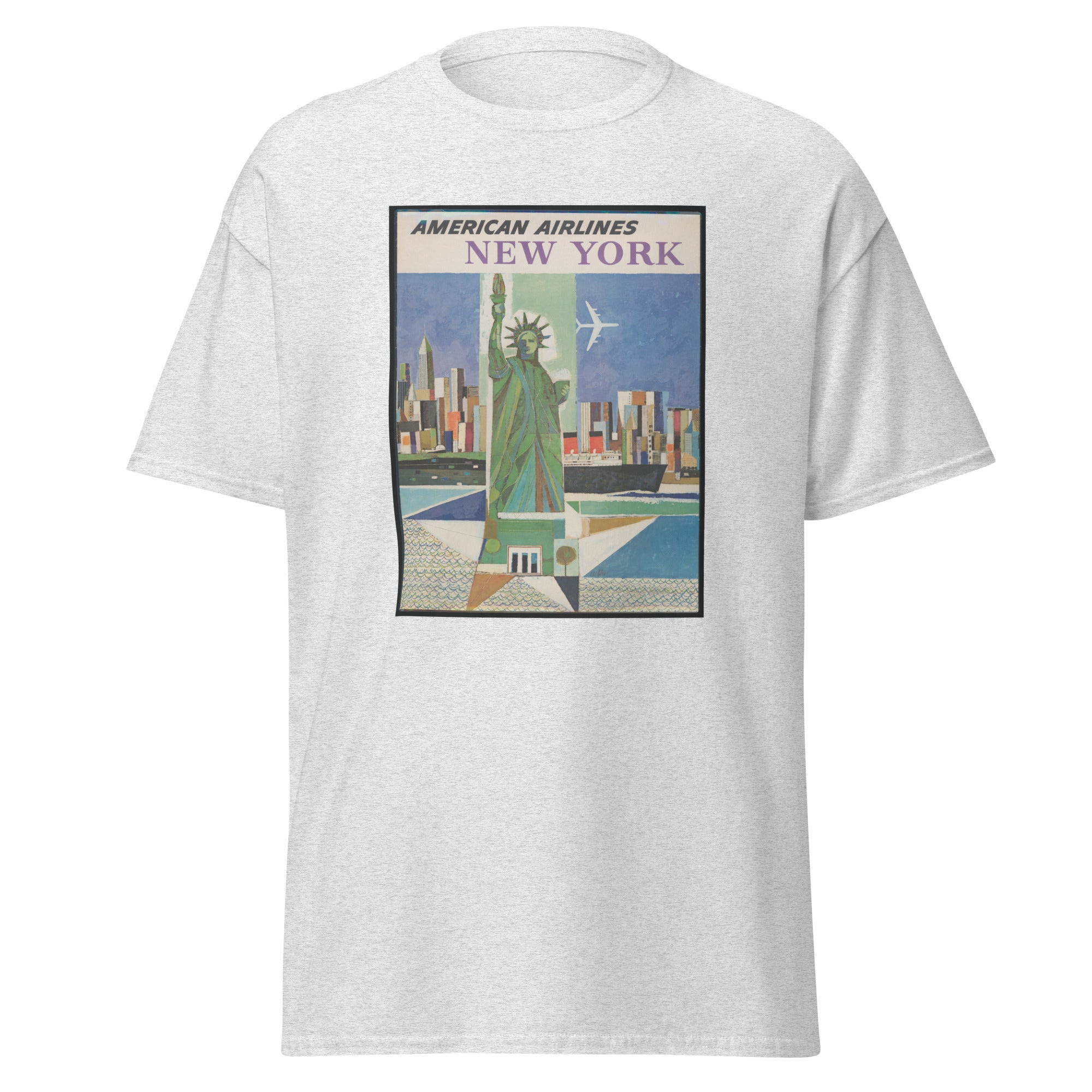 Unisex heather gray t-shirt featuring vintage American Airlines New York Vintage poster artwork printed across the front