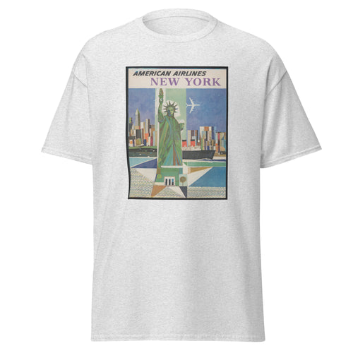 Unisex heather gray t-shirt featuring vintage American Airlines New York Vintage poster artwork printed across the front