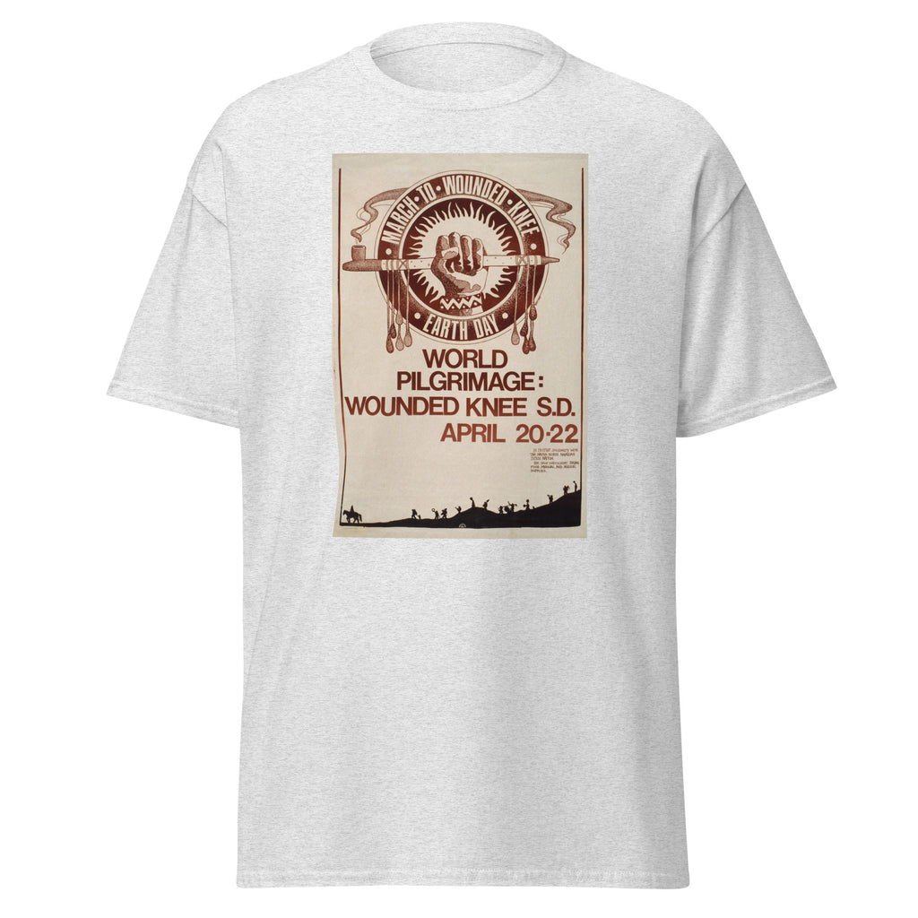 Unisex black t-shirt featuring vintage Wounded Knee Pilgrimage poster artwork printed across the front