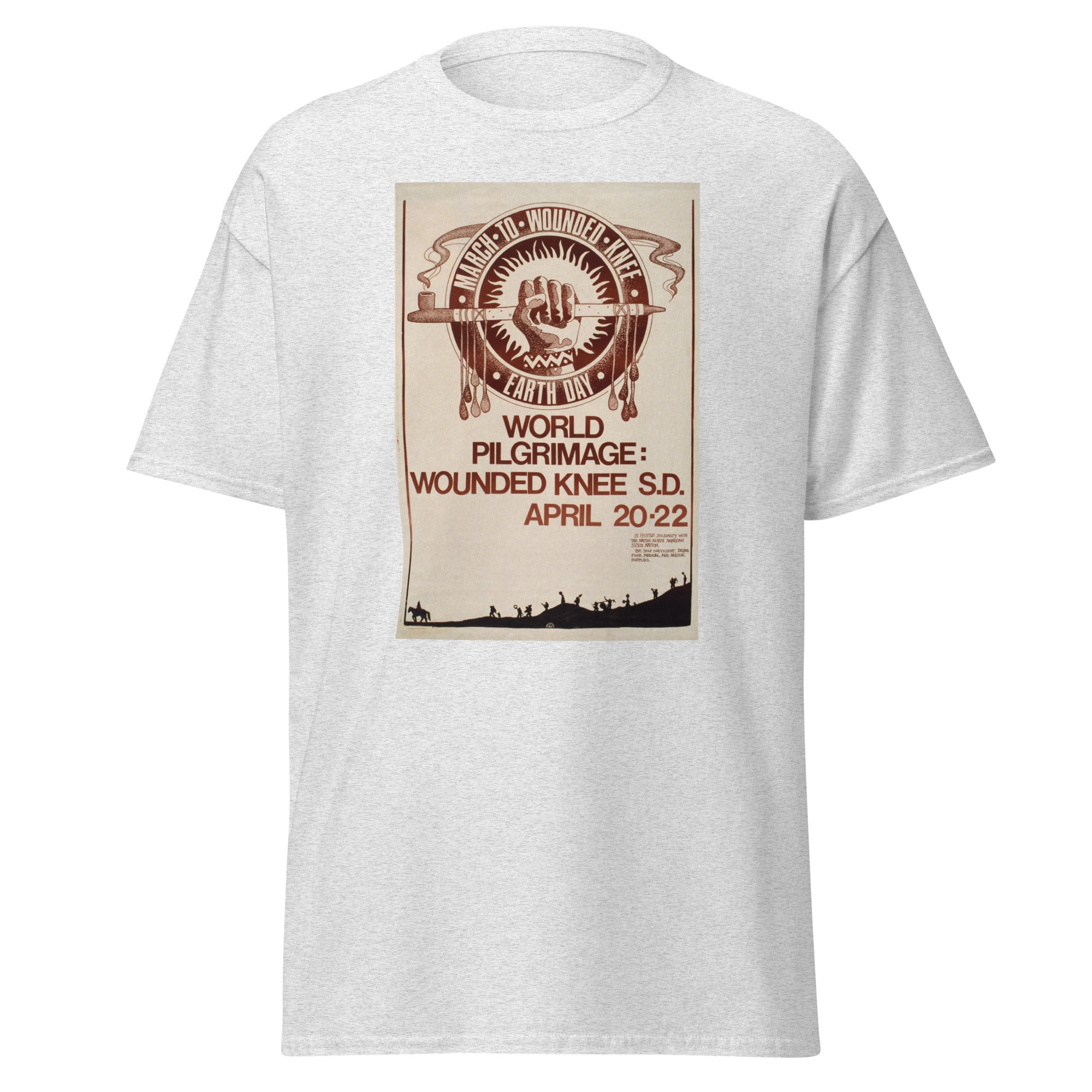 Unisex black t-shirt featuring vintage Wounded Knee Pilgrimage poster artwork printed across the front
