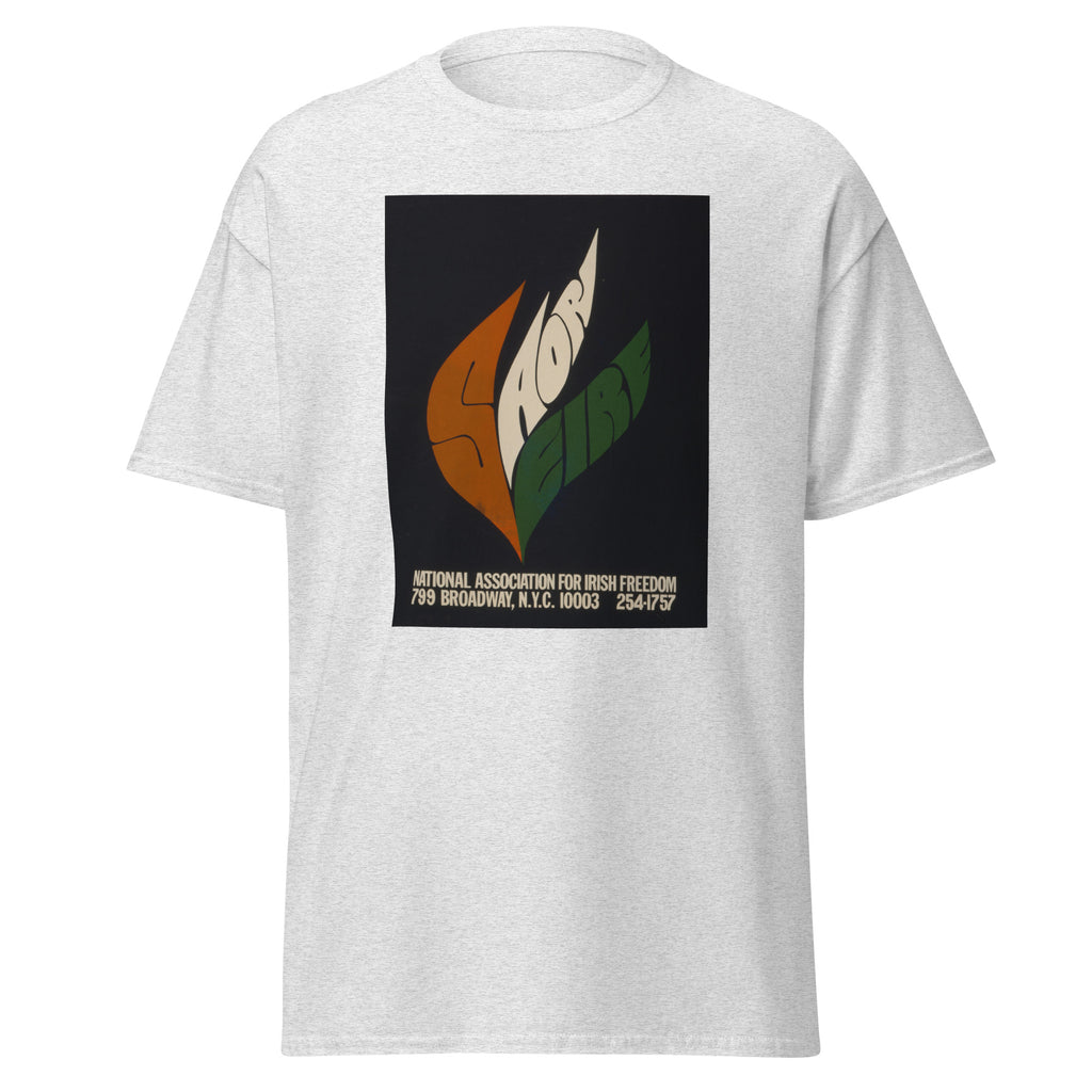 Unisex black t-shirt featuring vintage Irish Freedom poster artwork printed across the front