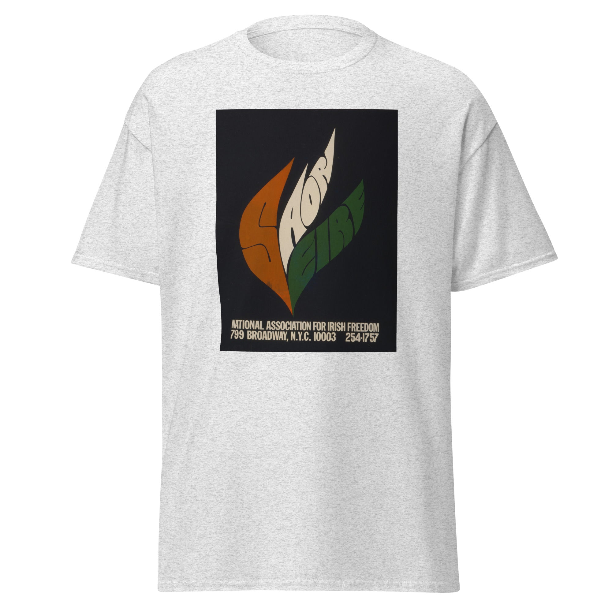 Unisex black t-shirt featuring vintage Irish Freedom poster artwork printed across the front