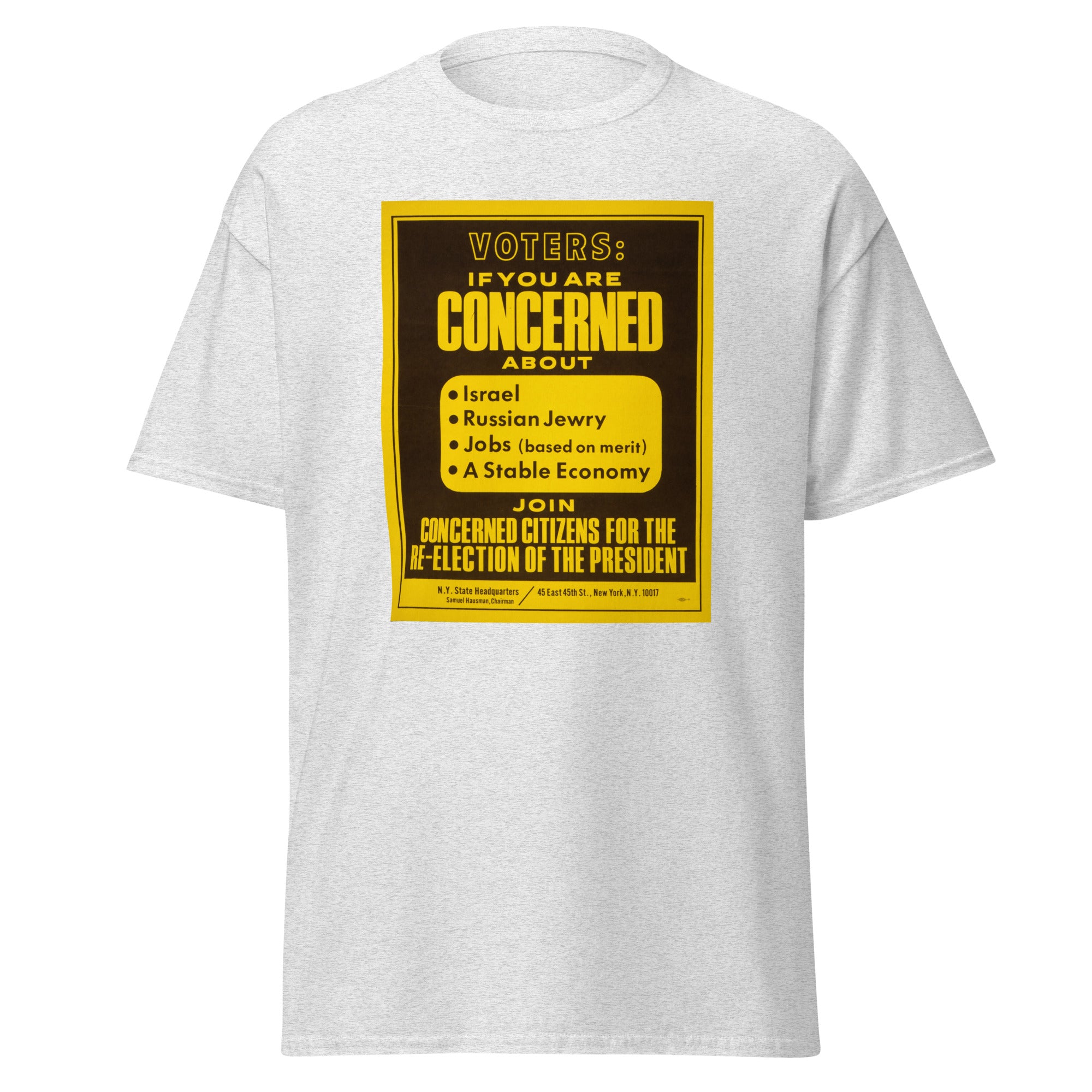 Unisex black t-shirt featuring vintage Concerned Citizens Vintage poster artwork printed across the front
