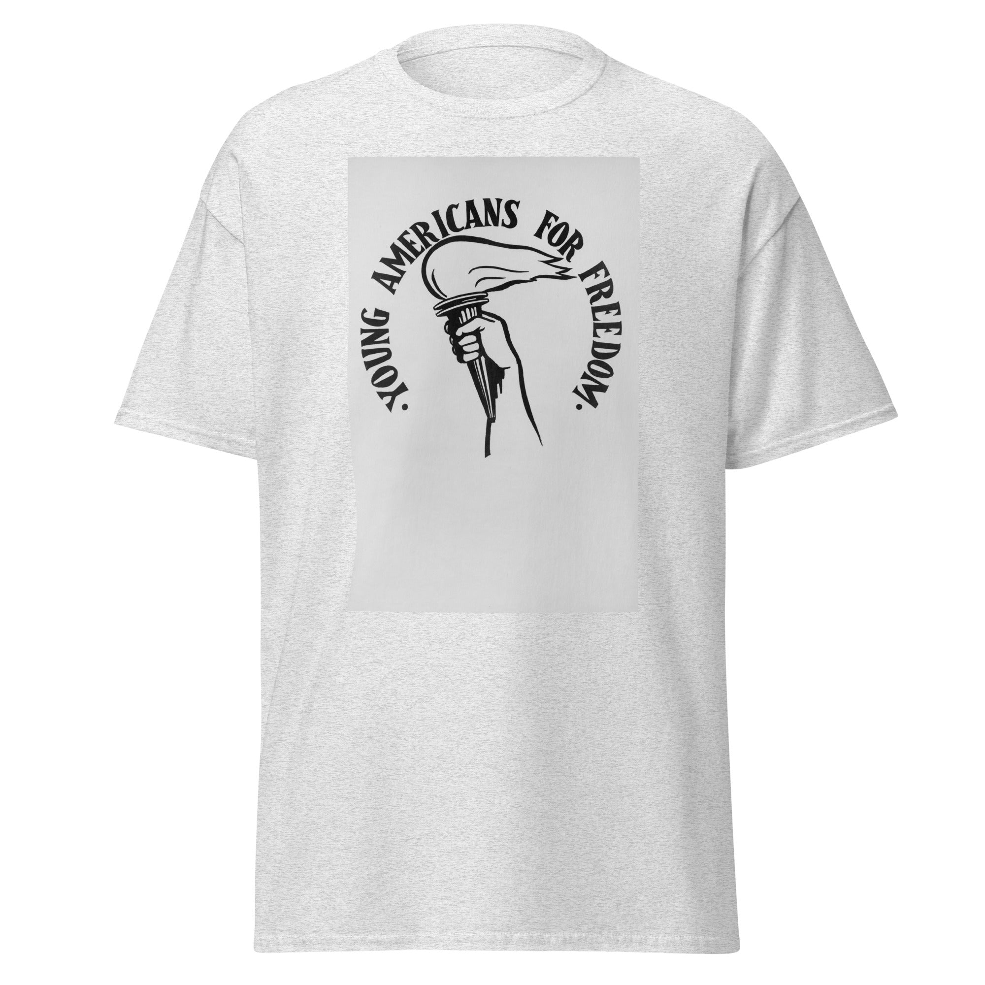 Unisex black t-shirt featuring vintage Young Americans for Freedom poster artwork printed across the front