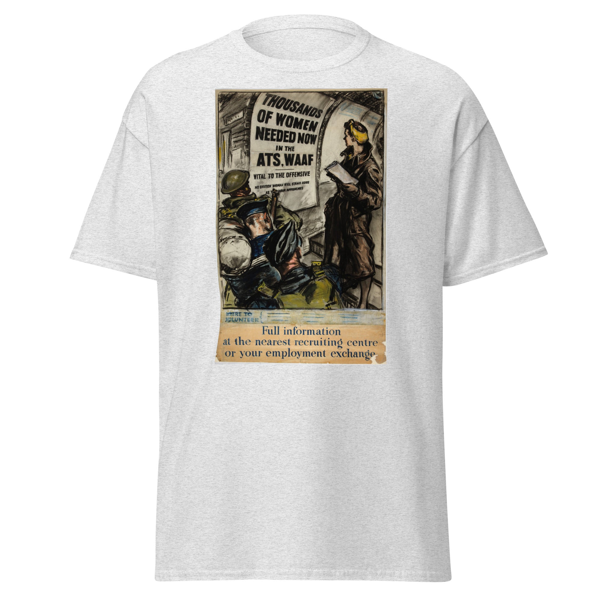 Unisex black t-shirt featuring vintage Women War Recruitment poster artwork printed across the front