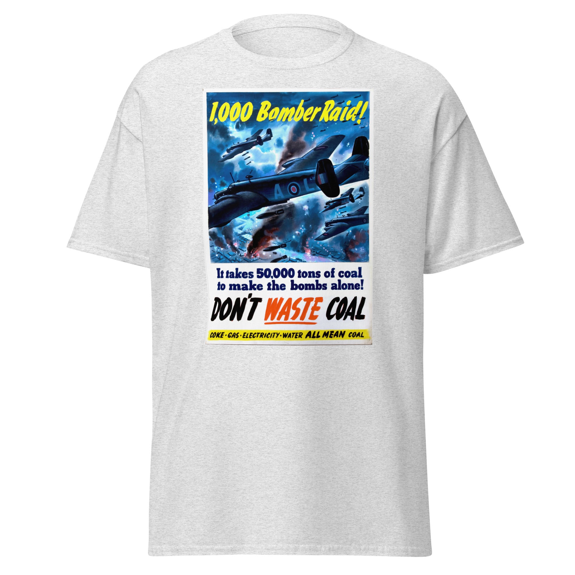 Unisex black t-shirt featuring vintage Dont Waste Coal Vintage poster artwork printed across the front