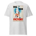 Unisex black t-shirt featuring vintage Dig for Victory poster artwork printed across the front