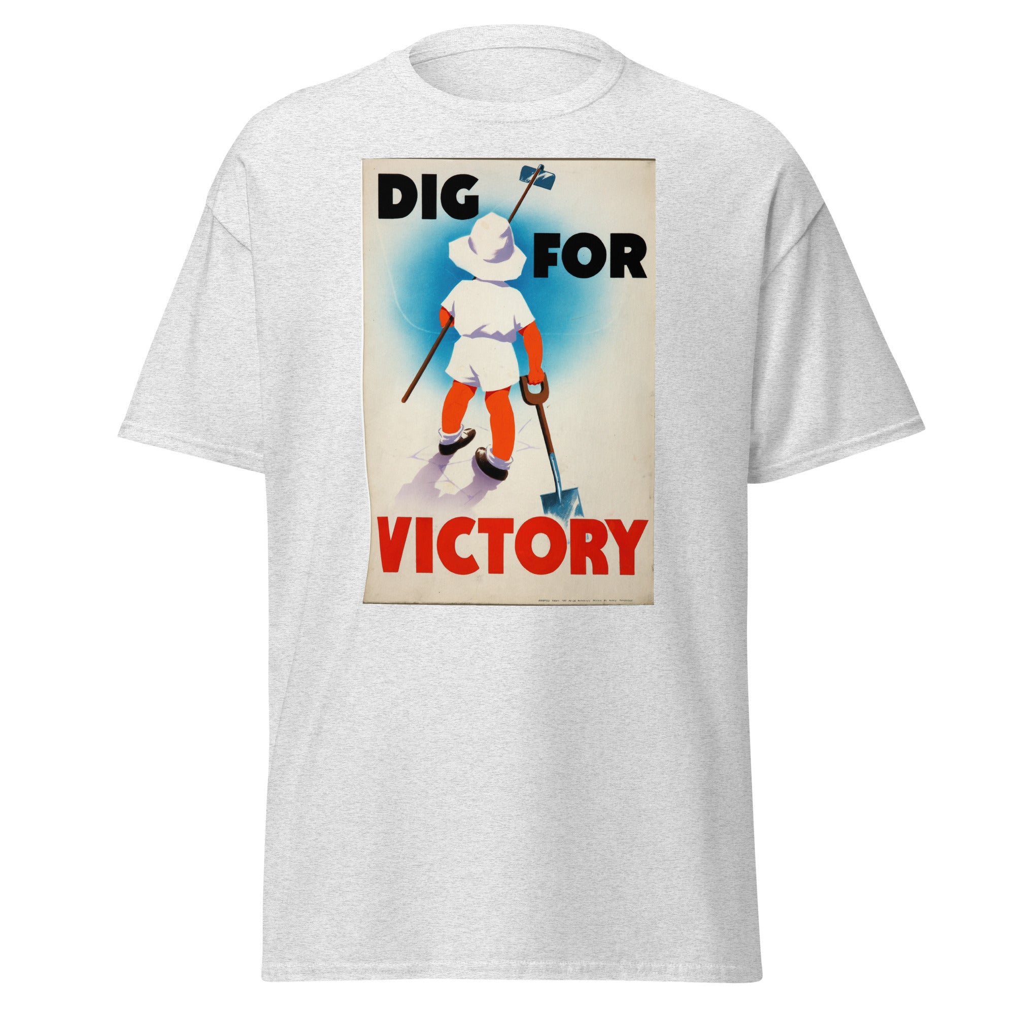 Unisex black t-shirt featuring vintage Dig for Victory poster artwork printed across the front