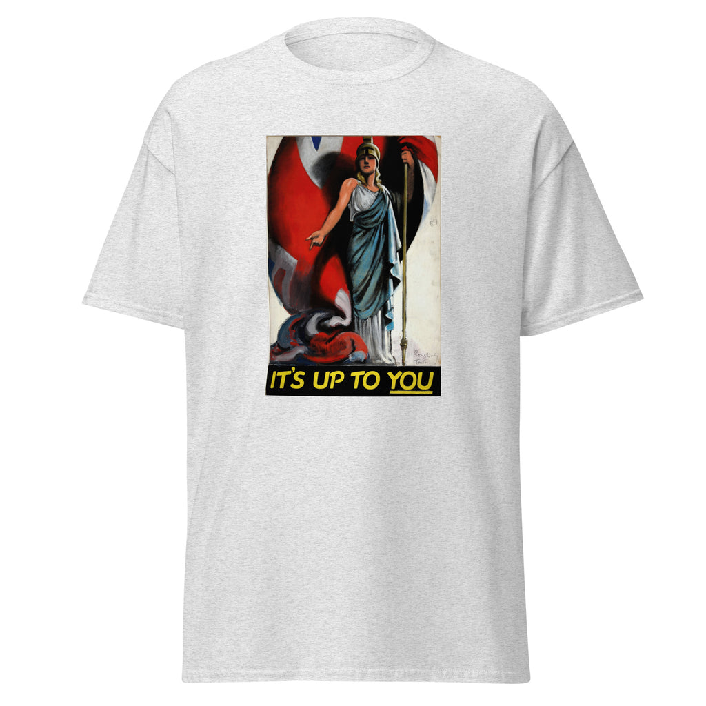 Unisex heather gray t-shirt featuring vintage Its Up to you Vintage poster artwork printed across the front