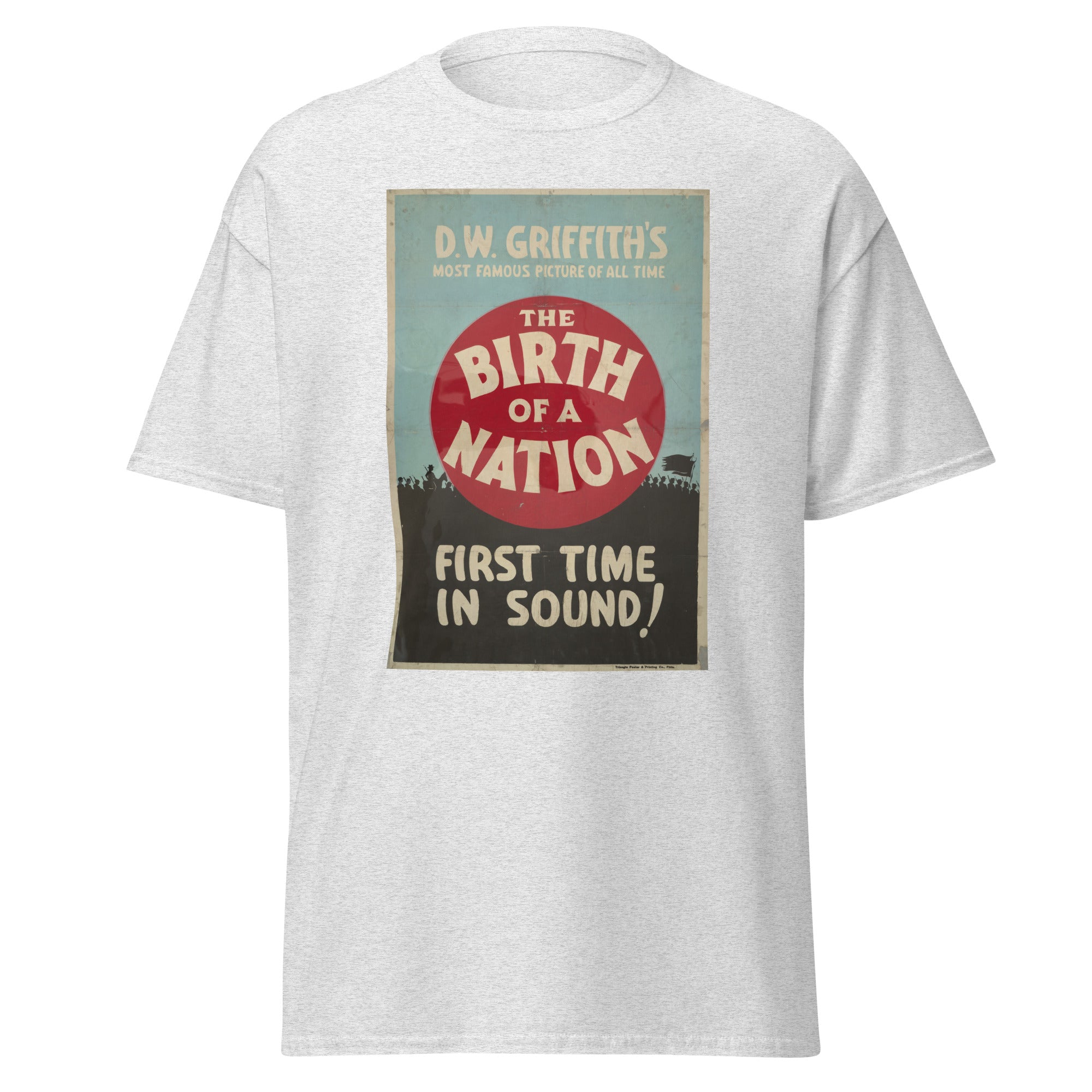Unisex black t-shirt featuring vintage Birth of a Nation poster artwork printed across the front