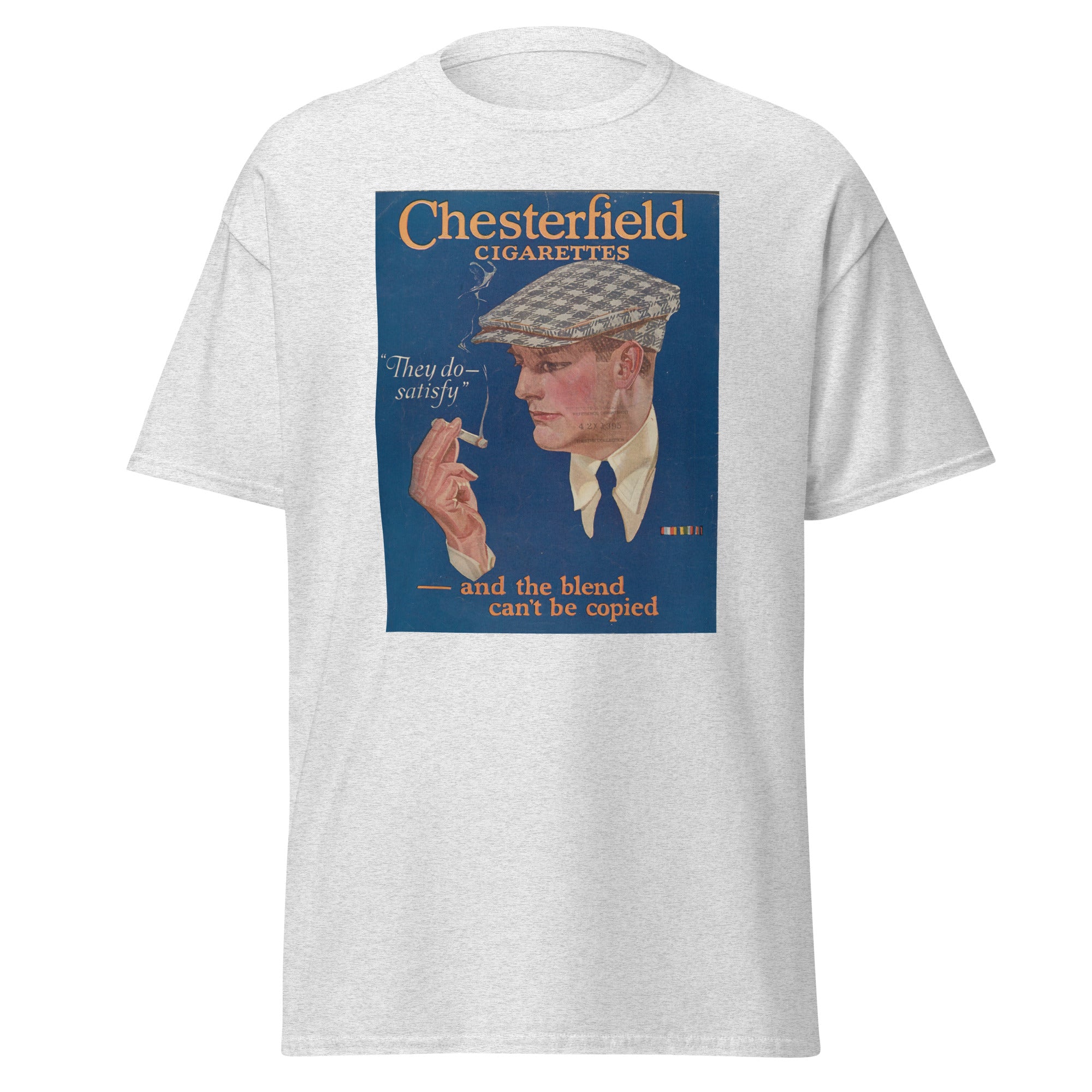 Unisex heather gray t-shirt featuring vintage Chesterfields Vintage poster artwork printed across the front