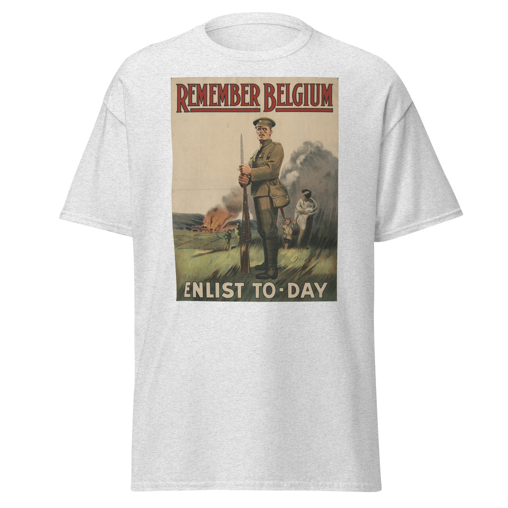Unisex black t-shirt featuring vintage Remember Belgium poster artwork printed across the front