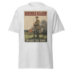 Unisex black t-shirt featuring vintage Remember Belgium poster artwork printed across the front