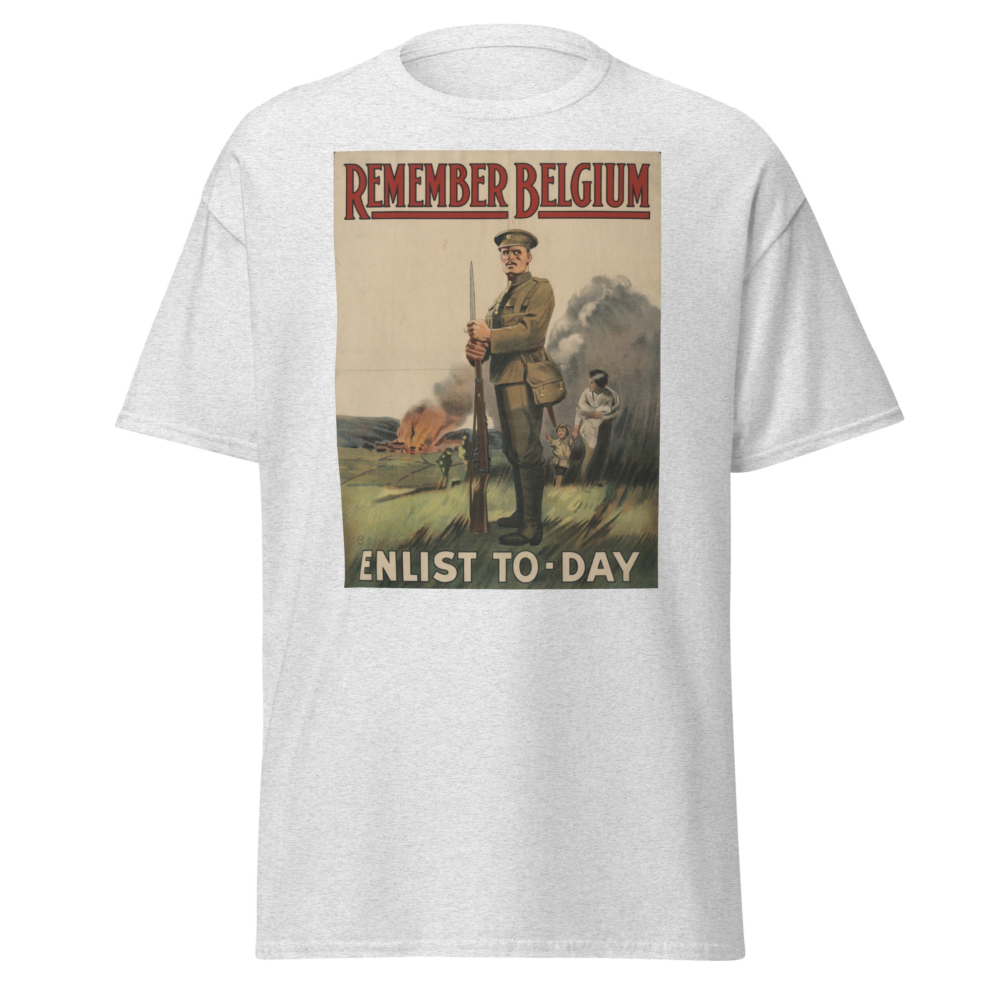 Unisex black t-shirt featuring vintage Remember Belgium poster artwork printed across the front