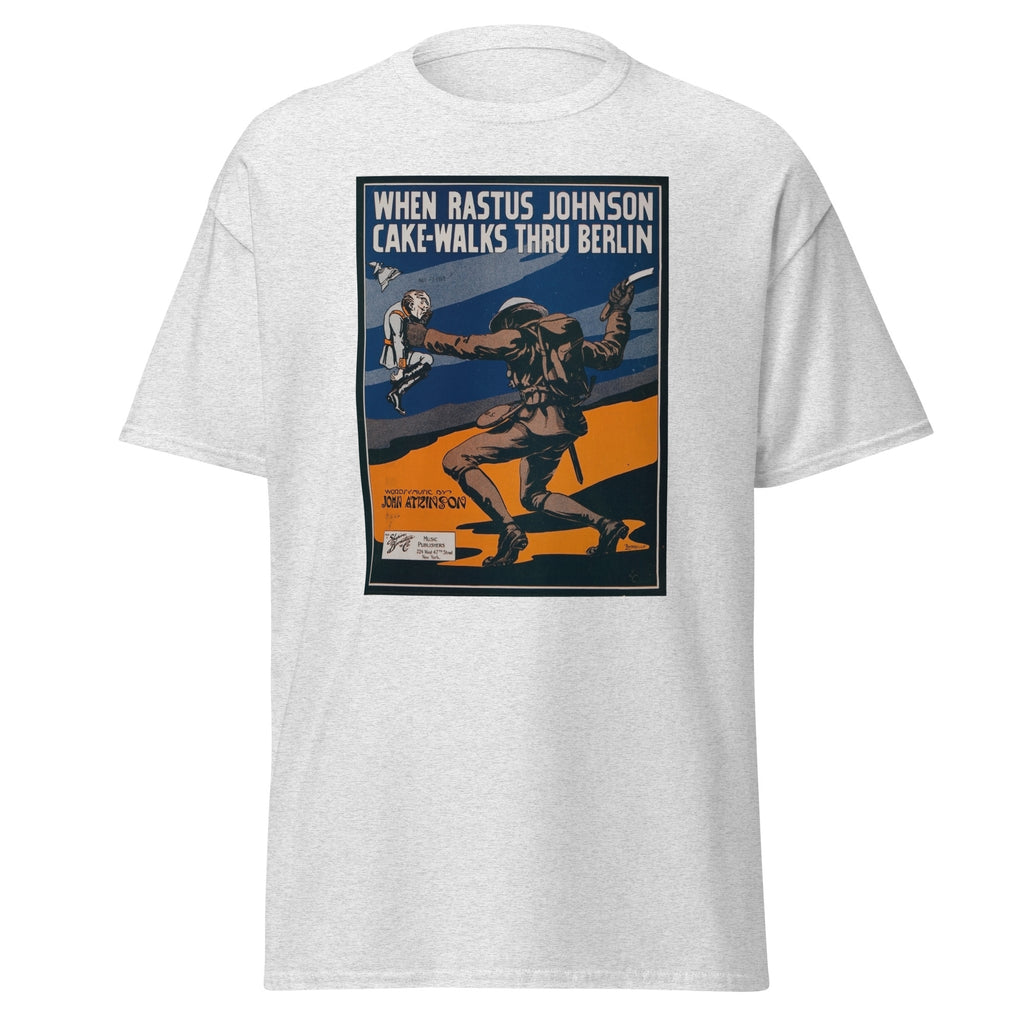 Unisex black t-shirt featuring vintage Rastus Johnson poster artwork printed across the front