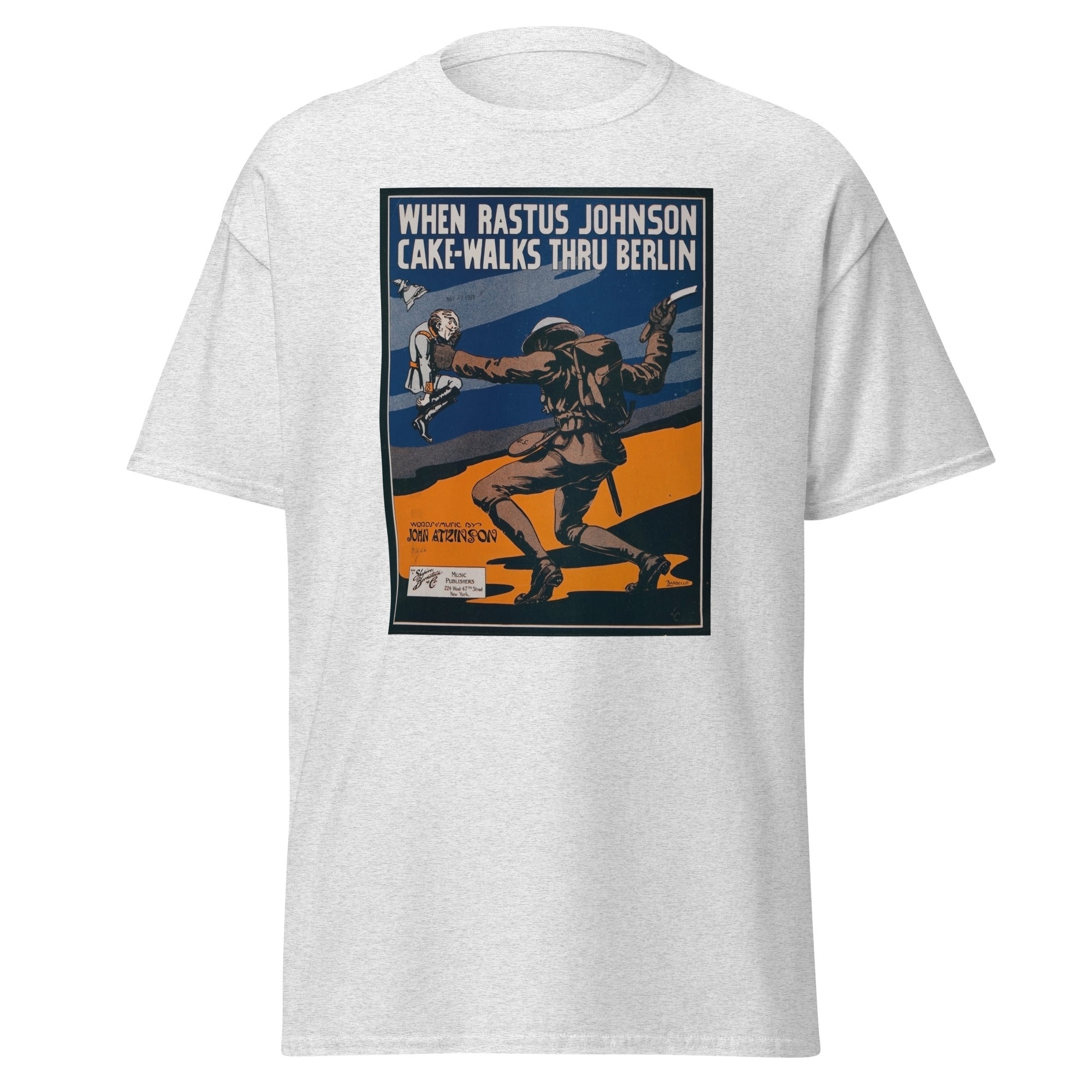 Unisex black t-shirt featuring vintage Rastus Johnson poster artwork printed across the front