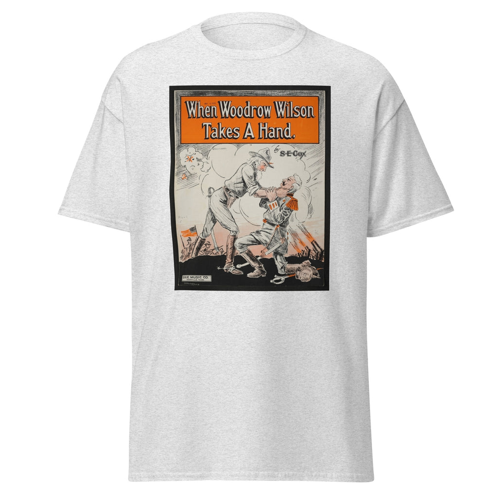 Unisex black t-shirt featuring vintage Woodrow Wilson poster artwork printed across the front
