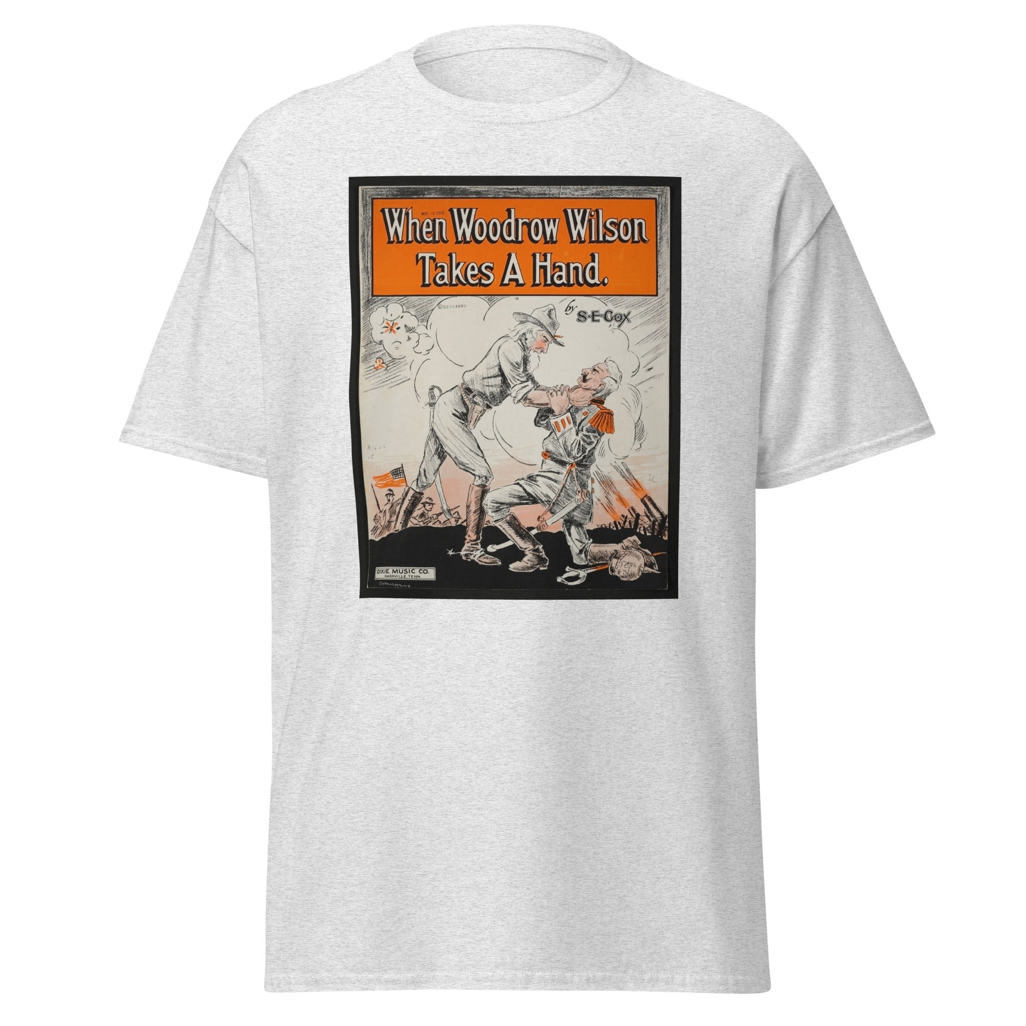 Unisex black t-shirt featuring vintage Woodrow Wilson poster artwork printed across the front