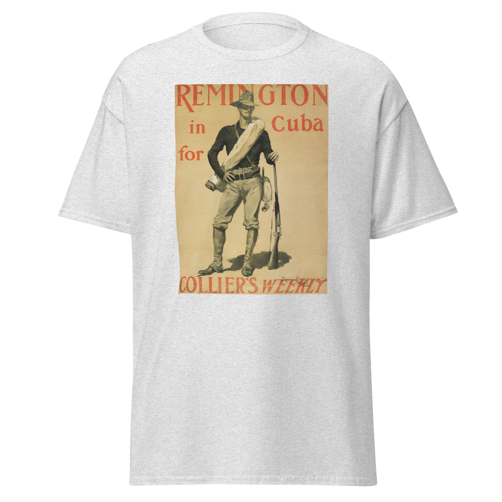 Unisex heather gray t-shirt featuring vintage Remington in Cuba poster artwork printed across the front